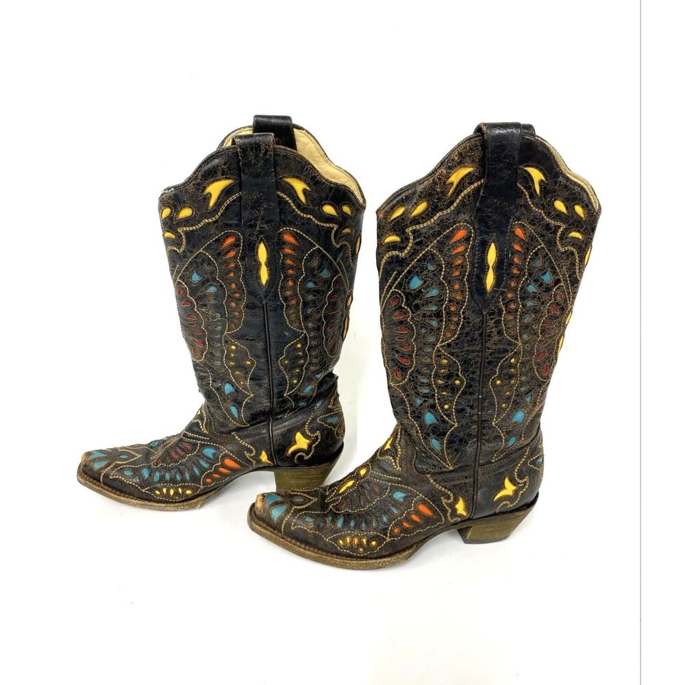Corral Vintage Women's Leather Western Boots with Colorful Embroidery, Size 7M